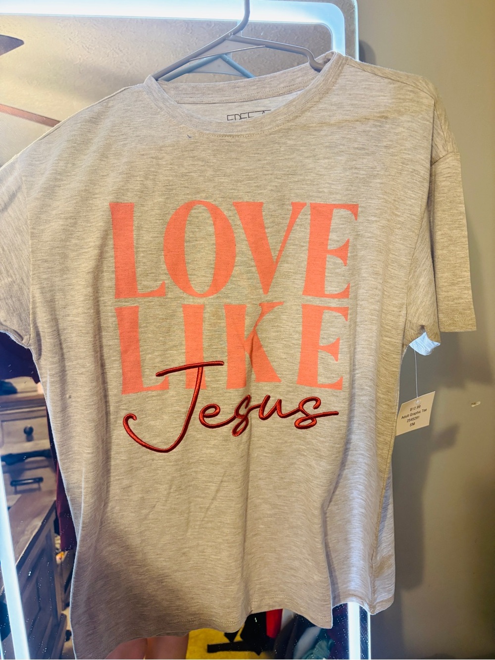 Hobby Lobby Gray Tee with Coral and Red Script "Love Like Jesus"